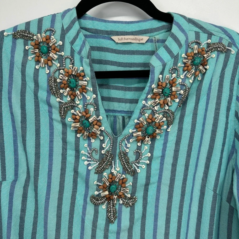 Soft Surroundings Medium Embellished Striped‎ Long Sleeve Blouse Top Bohemian